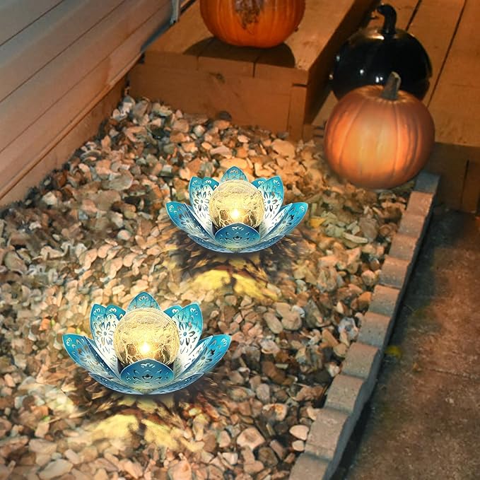 2 Pack Solar Lights Outdoor Garden 6.3 " Glass Lotus Lamp Waterproof LED Metal Flower Lights Outdoor Garden Table Decor for Outside Balcony, Patio, Deck, Porch, Walkway