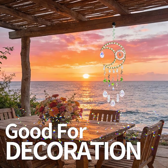 Sun Catcher Rainbow Maker with Moon Shape Natural Green Stones and Various Crystal Shapes Unique Crystal Decoration for Home or as a Gift Stunning Light Refraction and Colorful Display