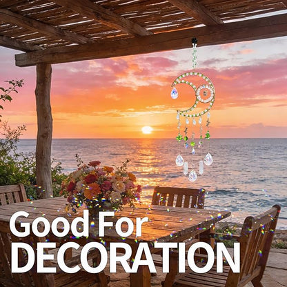 Sun Catcher Rainbow Maker with Moon Shape Natural Green Stones and Various Crystal Shapes Unique Crystal Decoration for Home or as a Gift Stunning Light Refraction and Colorful Display