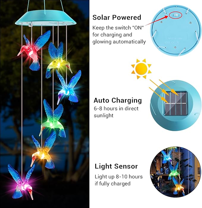 Solar Hummingbird Gift for Mom Grandma Girls, Color Changing Solar Wind Chimes for Outside, Outdoor Decorative Mobile Lights for Garden, Patio, Window, Party Decors, Gift for Women