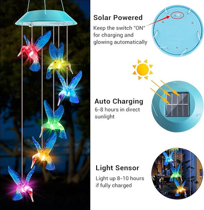 Solar Hummingbird Gift for Mom Grandma Girls, Color Changing Solar Wind Chimes for Outside, Outdoor Decorative Mobile Lights for Garden, Patio, Window, Party Decors, Gift for Women