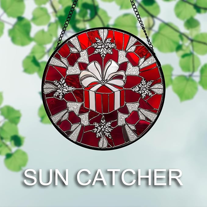 DASTOLL Stained Glass Window Hanging 4 Pcs Set Red Christmas Decorations Theme Large 15" - Suncatcher Door Garden Sun Catcher Decor Birthday for Mom Woman Nana Men Friend Wife