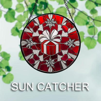 DASTOLL Stained Glass Window Hanging 4 Pcs Set Red Christmas Decorations Theme 6.3" - Suncatcher Door Garden Sun Catcher Decor Birthday for Mom Woman Nana Men Friend Wife