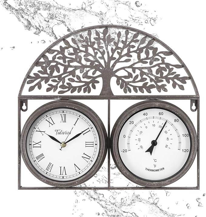 17Inch Large Outdoor Clock,Waterproof Wall Clock with Thermometer,Weatherproof Non-Ticking Quartz Battery Operated Decor Clock for Patio,Garden,Pool,Porch,House Warming Gifts