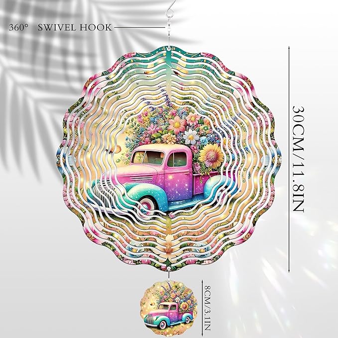 Hanging Wind Spinners Outdoor - 3D Metal Wind Spinner Truck Floral Stainless Steel Decor 12 Inch Kinetic Spinning Art Ornaments for Garden Patio Porch Indoor Home Birthday Gifts for Women Mom