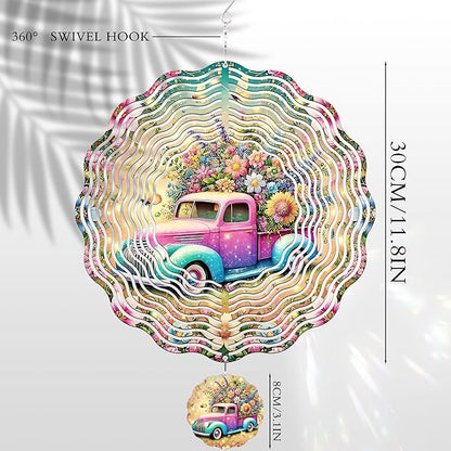 Hanging Wind Spinners Outdoor - 3D Metal Wind Spinner Truck Floral Stainless Steel Decor 12 Inch Kinetic Spinning Art Ornaments for Garden Patio Porch Indoor Home Birthday Gifts for Women Mom