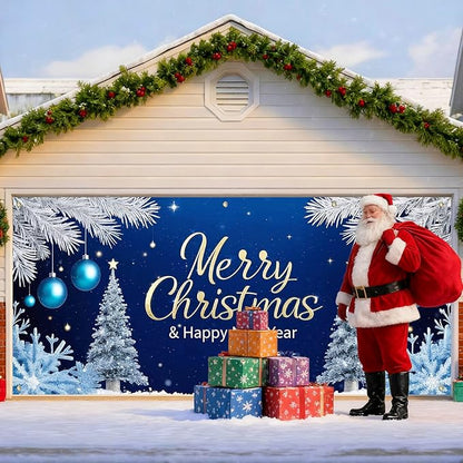 IVN Christmas Garage Door Cover Decoration 13x6ft Snowy Night Trees with Ornaments Blue Holiday Christmas Garage Door Banner Home Door Front Yard Decor for Xmas Eve Holiday Outdoor