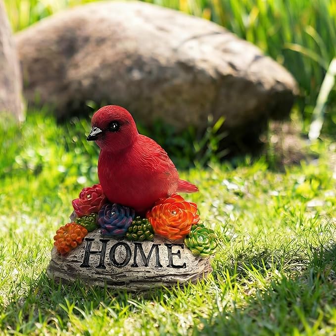 DECOUE Solar Garden Statue with Bird & “Home” Sign, Solar Bird Light Outdoor Decor with Warm LED Glow, Garden Decor for Outside Yard Patio Walkway, Decorative Garden Statue with Succulent Accents