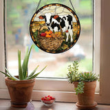 CHATYOUNG Stained Glass Window Hanging Autumn Farm Landscape Cow Pumpkin 9.8" - Modern Farmhouse Decor Suncatcher Door Garden Sunroom Sun Catcher Home Decor Birthday Christmas for Mom Men Woman Nana