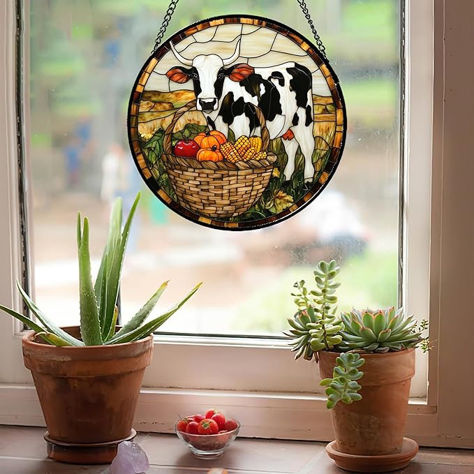 CHATYOUNG Stained Glass Window Hanging Autumn Farm Landscape Cow Pumpkin 7.8" - Modern Farmhouse Decor Suncatcher Door Garden Sunroom Sun Catcher Home Decor Birthday Christmas for Mom Men Woman Nana