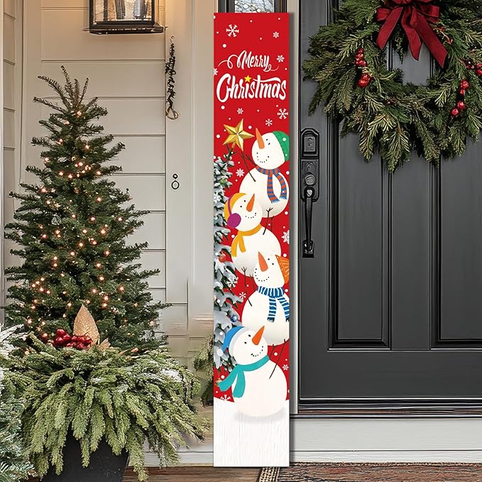 Merry Christmas Wooden Porch Sign 47.3'' Snowman Stack Snowflake Welcome Porch Signs Vertical Standing Xmas Wooden Hanging Decoration for Garden Home Front Door Yard Farmhouse Outdoor Indoor Decor