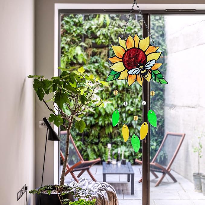 Stained Glass Suncatcher, Sunflower and Ladybug Window Hanging, 20 x 8 inches, Hand-Painted (Style 2)
