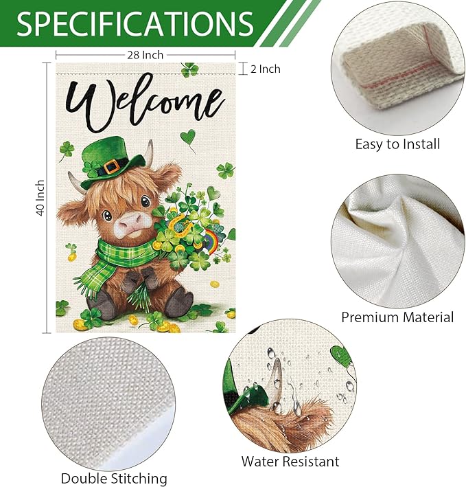 Heyfibro Welcome St. Patrick's Day Garden Flag 28x40 Double Sided Burlap, Highland Cow with Shamrock Bouquet & Green Plaid Scarf Yard Flag for Spring Seasonal Irish Farmhouse Outdoor Decor(ONLY FLAG)