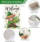 Heyfibro Welcome St. Patrick's Day Garden Flag 28x40 Double Sided Burlap, Highland Cow with Shamrock Bouquet & Green Plaid Scarf Yard Flag for Spring Seasonal Irish Farmhouse Outdoor Decor(ONLY FLAG)