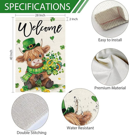 Heyfibro Welcome St. Patrick's Day Garden Flag 28x40 Double Sided Burlap, Highland Cow with Shamrock Bouquet & Green Plaid Scarf Yard Flag for Spring Seasonal Irish Farmhouse Outdoor Decor(ONLY FLAG)