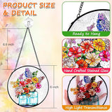 Remiawy Stained Glass Window Hanging, 6 Inch Mason Jar with Flowers Glass Panel with Metal Chain and Hooks Indoor Window Wall Art Home Decor for Women Birthday