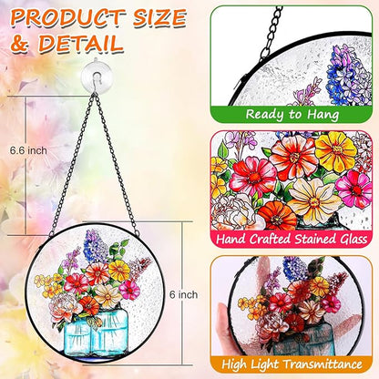 Remiawy Stained Glass Window Hanging, 6 Inch Mason Jar with Flowers Glass Panel with Metal Chain and Hooks Indoor Window Wall Art Home Decor for Women Birthday