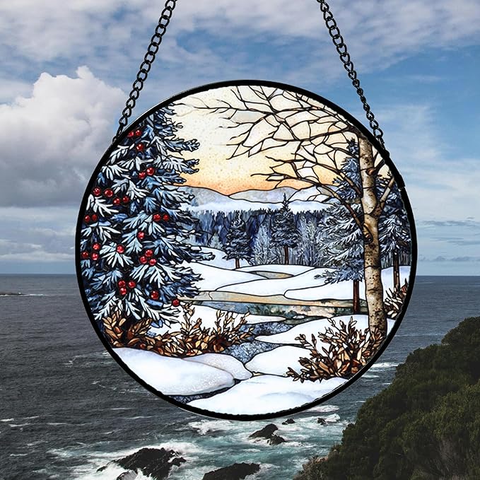 DASTOLL Stained Glass Window Hanging, Winter Snow Landscape Suncatcher Diamond Glass Panel Sun Catchers Decor for Birthday for Women, Men, Wife, Aunt, and Mom 6.3x6.3 in