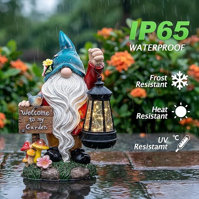 ZQQLITE Garden Gnome Statues Figurine Lights - Solar Powered Lighting Outdoor Decorations with Lantern & Welcome Sign, Yard Art Lawn Ornaments for Porch Patio Balcony - Gnome Gifts for Women Mom