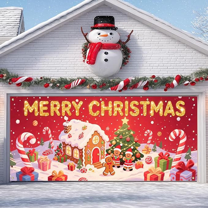 IVN Christmas Garage Door Cover Decoration 13x6ft Gingerbread House Christmas Tree Candy Path Merry Christmas Garage Door Banner Home Door Front Yard Decor for Xmas Eve Holiday Outdoor