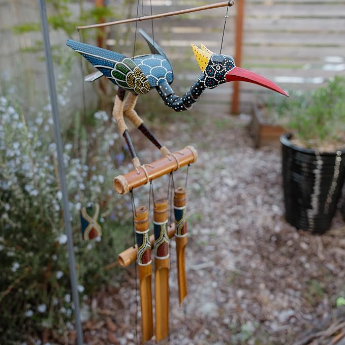 Cohasset Gift & Garden Abby Bobbing Head Bird Bamboo Wind Chime - Unique Outdoor Bird and Rooster Decor, Medium to Large Sized for Outside Spaces, Hand Painted Spotted Design - Rustic Wind Chimes with