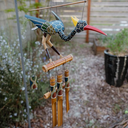 Cohasset Gift & Garden Abby Bobbing Head Bird Bamboo Wind Chime - Unique Outdoor Bird and Rooster Decor, Medium to Large Sized for Outside Spaces, Hand Painted Spotted Design - Rustic Wind Chimes with