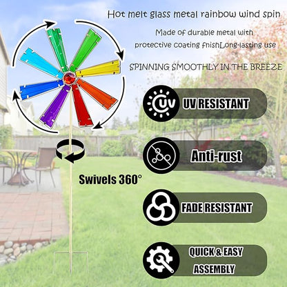 COOZZYHOUR 42 Inch Glass Rainbow Wind Spinners,Outdoor Yard Metal and Glass Windmill Garden Stake, Wind Sculptures for Yard and Garden Lawn Patio Decoration-Rainbow