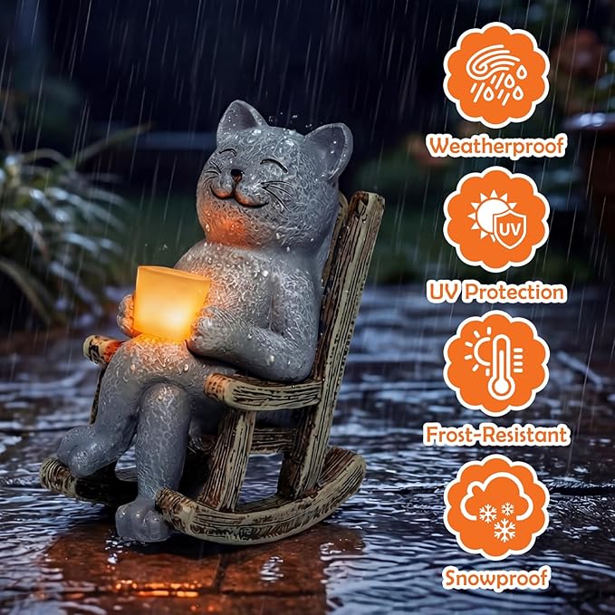 Lyeasw Cat Solar Garden Statues - Outdoor Decor for Patio, Lawn, Yard, Porch- Miniature Cute Cat Outdoor Figurine with LED Lights - Housewarming Birthday for Women, Mom, Cat Lovers