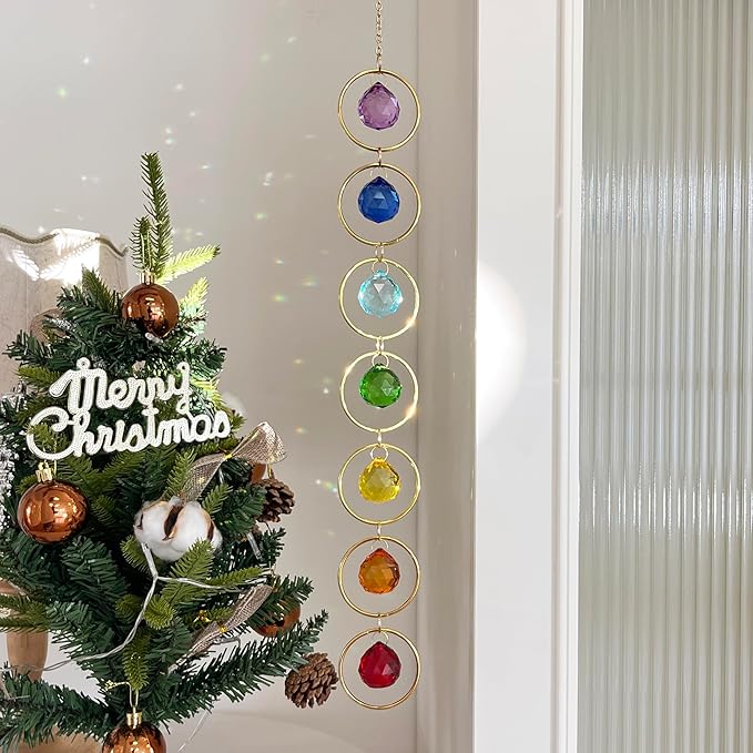 7 Chakra Crystal Suncatcher, Healing Chakra Window Ornament, 30mm Crystal Ball Sun Catcher, Hanging Rainbow Maker, Meditation, Fengshui, Yoga (Multiple Colors)