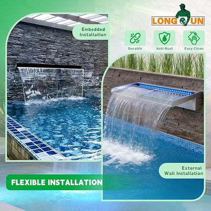 LONGRUN with lid Waterfall Spillway, APP Control Multi-Color LED Light Outdoor Pool Fountain, Acrylic Water Spillway Koi Pond Waterfalls Fountains Kit for Garden Patio Swimming Pool Decoration-35.4"