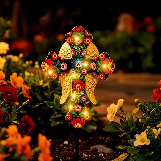 Solar Cross Lights with Angel Wings, Floral Design Outdoor Cemetery Decoration, Warm White LED Stake Light, Pink and Gold Glass Cross for Tombstone Memorial