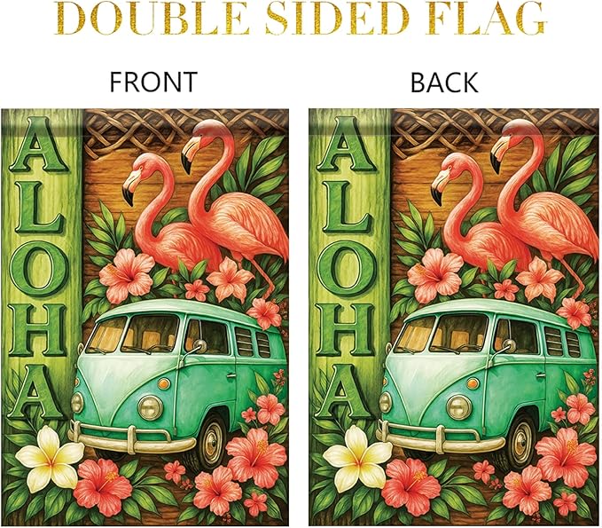 Summer Garden Flag 12x18 Inch Aloha Flamingo Vintage Van Tropical Hibiscus Floral Island Style Outdoor Yard Porch Lawn for Seasonal Coastal Boho Home Decor