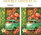 Summer Garden Flag 12x18 Inch Aloha Flamingo Vintage Van Tropical Hibiscus Floral Island Style Outdoor Yard Porch Lawn for Seasonal Coastal Boho Home Decor
