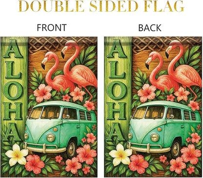 Summer Garden Flag 12x18 Inch Aloha Flamingo Vintage Van Tropical Hibiscus Floral Island Style Outdoor Yard Porch Lawn for Seasonal Coastal Boho Home Decor