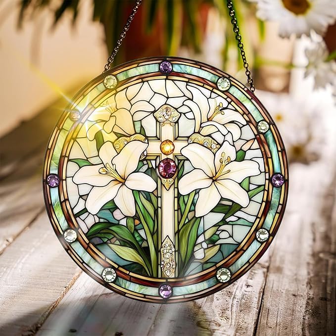 Bimkole Lily Stained Glass Suncatcher Window Hanging - Cross Indoor Window or Doorway Decoration - Handmade Sun Catcher Decor for Garden Home Christmas & Birthday Gifts 7.87x7.87 inch