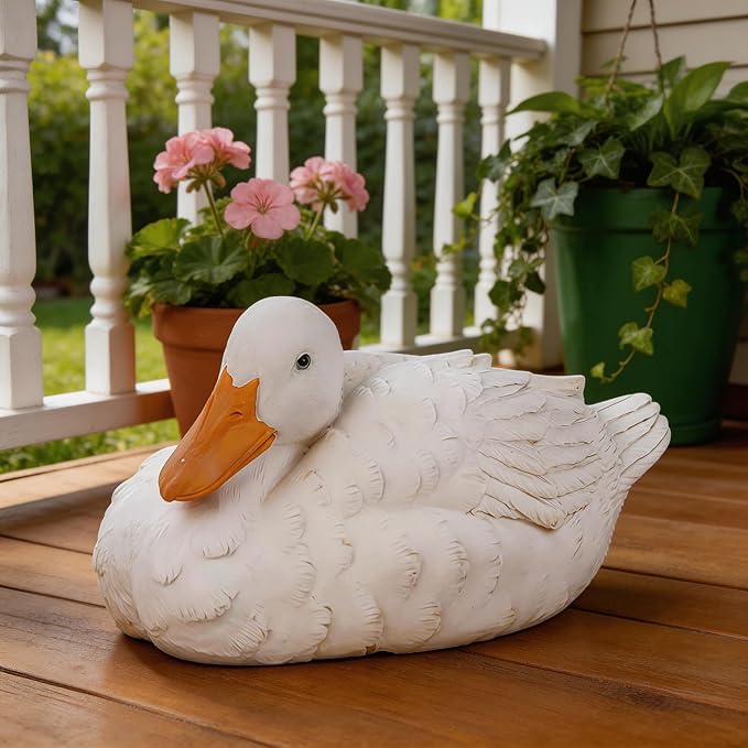 Porch Duck Statue Outdoor Decor,6.9''(D) Squatting White Duck Garden Sculptures for Yard Lawn,Resin Animal Figurines Home Patio Art Decorations