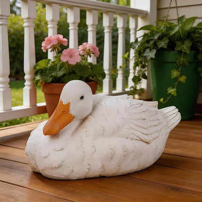 Porch Duck Statue Outdoor Decor,6.9''(D) Squatting White Duck Garden Sculptures for Yard Lawn,Resin Animal Figurines Home Patio Art Decorations
