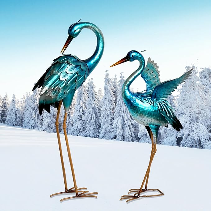 Ratuor Garden Crane Statues for Outdoor Blue Heron Metal Birds Yard Art Ornaments for Backyard Pond Patio Porch Outside Decorations