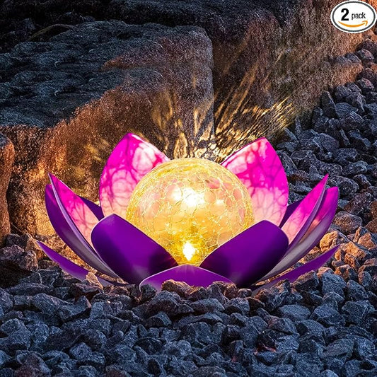 AIINY Solar Light Outdoor(2Pack), Art Crackle Globe Glass Lotus Decoration, Solar LED Waterproof Purple Metal Flower Lights for Patio,Lawn,Walkway,Tabletop