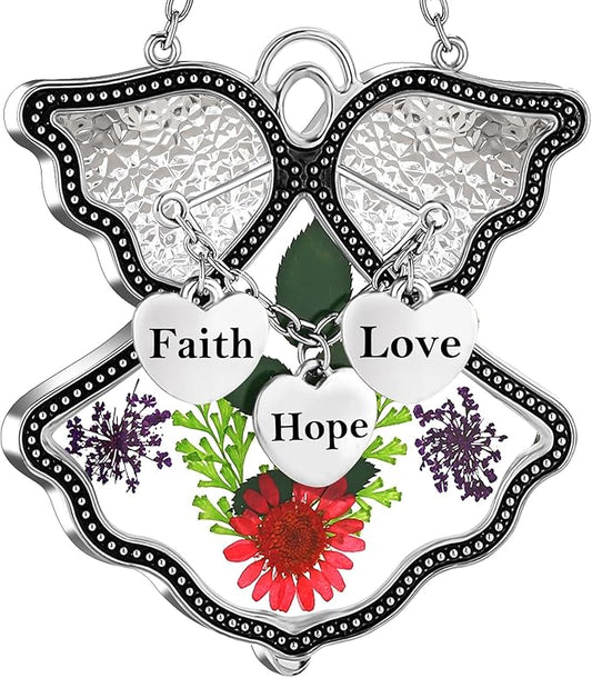 KY&BOSAM Angel Suncatcher Faith Hope Love Stained Glass Suncatchers for Windows Hangings Wind Chimes with Pressed Real Flowers and Heart Charm Engraved Birthday Gifts for Mom Mothers Day Christmas