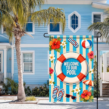 BlissYard Welcome To Our Pool Garden Flag 12x18 Double Sided Vertical Outdoor Summer Poolside Decor Beach Tropical Yard Lawn Patio Pool Party Banner