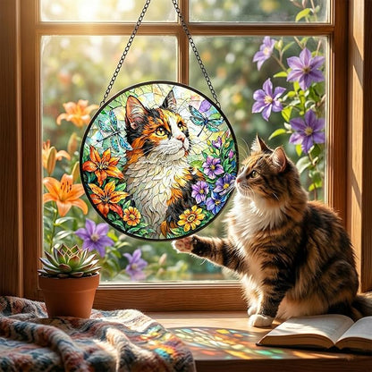 Stained Glass Cat Suncatcher, Double-Sided Light Sun Catchers Indoor Window, Stained Glass Window Hanging Panel, Cat Suncatcher for Windows Hanging Home Decor Mom Gift (6 Inch)