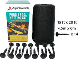 AlpineReach Koi Pond Netting Kit 15 x 20 ft Black Heavy Duty Woven Fine Mesh Net Cover for Leaves - Protects Koi Fish from Blue Heron Birds, Cats & Predators – Reusable & Stakes Included