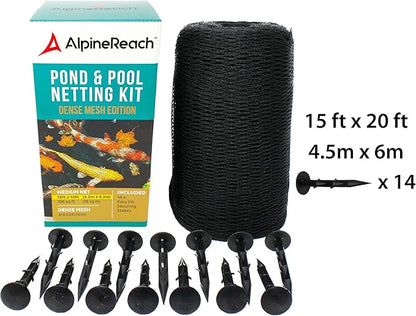 AlpineReach Koi Pond Netting Kit 15 x 20 ft Black Heavy Duty Woven Fine Mesh Net Cover for Leaves - Protects Koi Fish from Blue Heron Birds, Cats & Predators – Reusable & Stakes Included