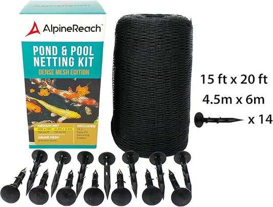 AlpineReach Koi Pond Netting Kit 15 x 20 ft Black Heavy Duty Woven Fine Mesh Net Cover for Leaves - Protects Koi Fish from Blue Heron Birds, Cats & Predators – Reusable & Stakes Included