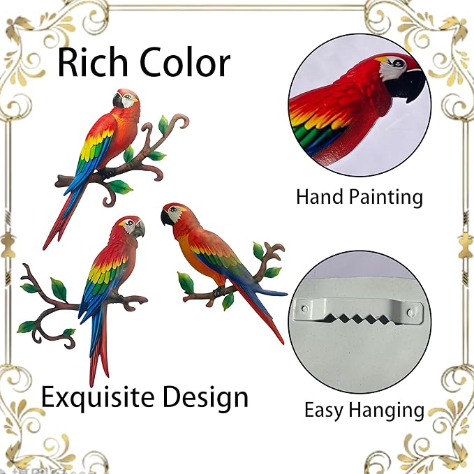 Limygus Metal Parrot Wall Art Decor, 3 Pack Colorful Tropical Bird Decorations, Hanging Outdoor Fence Artwork for Garden Yard Living Room Bedroom Balcony