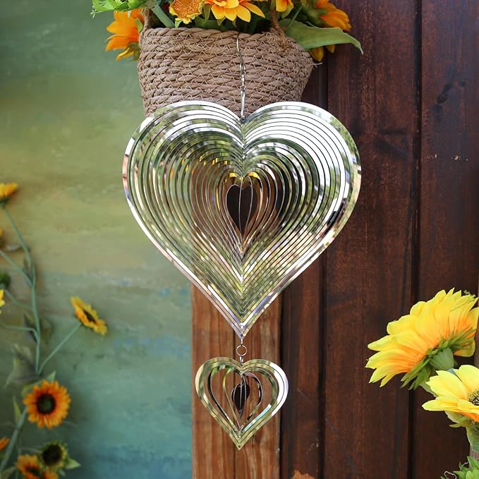 Phuryllic Wind Spinners Outdoor, Garden Decor, Bird Deterrents for Outside, 3D Metal Yard Decorations for Patio & Porch, Unique Gardening Gifts for Women & Moms - 2pcs Silver Heart