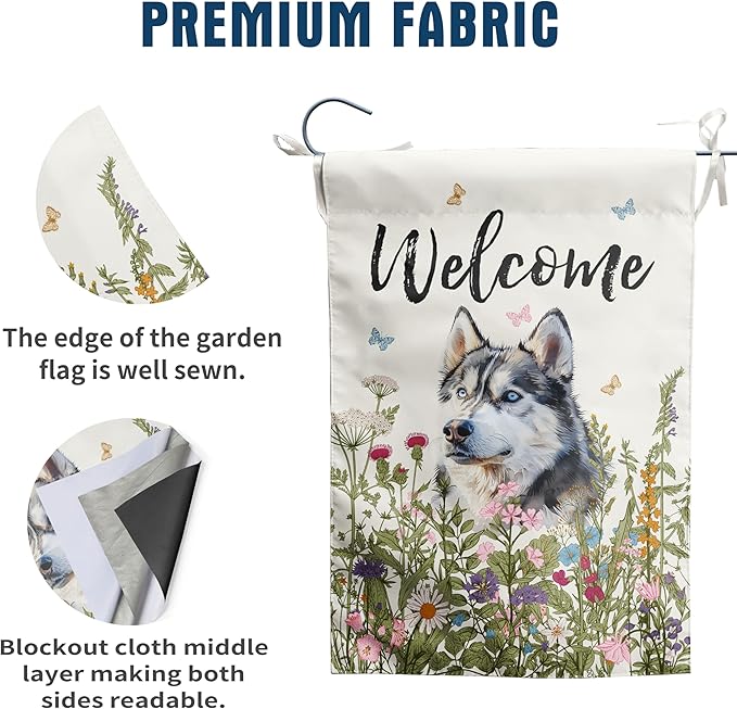 Spring Summer Garden Flag Floral Husky Yard Flag Flower Dog Garden Flags for Outside Small Outdoor Welcome Flags 12x18 Double Sided