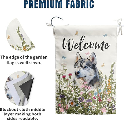 Spring Summer Garden Flag Floral Husky Yard Flag Flower Dog Garden Flags for Outside Small Outdoor Welcome Flags 12x18 Double Sided