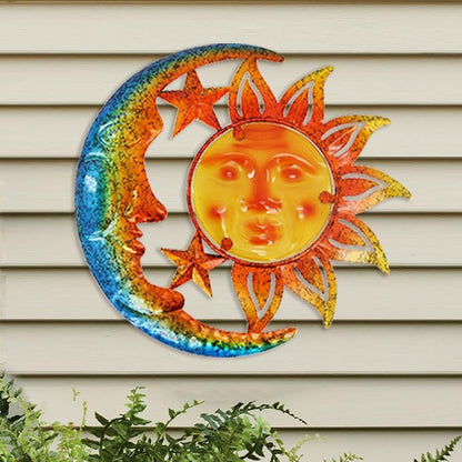 Metal Sun&Moon Wall Art Decor,12 Inch Retro Hanging Decor With Glass,Sun Moon Star Valentine Wall Decorations For Patio Yard Garden Fence Living Room Bedroom